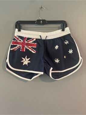 Australia Women's Navy Blue Australian Flag Athletic Shorts Sz 12 US, Sz 16 AU